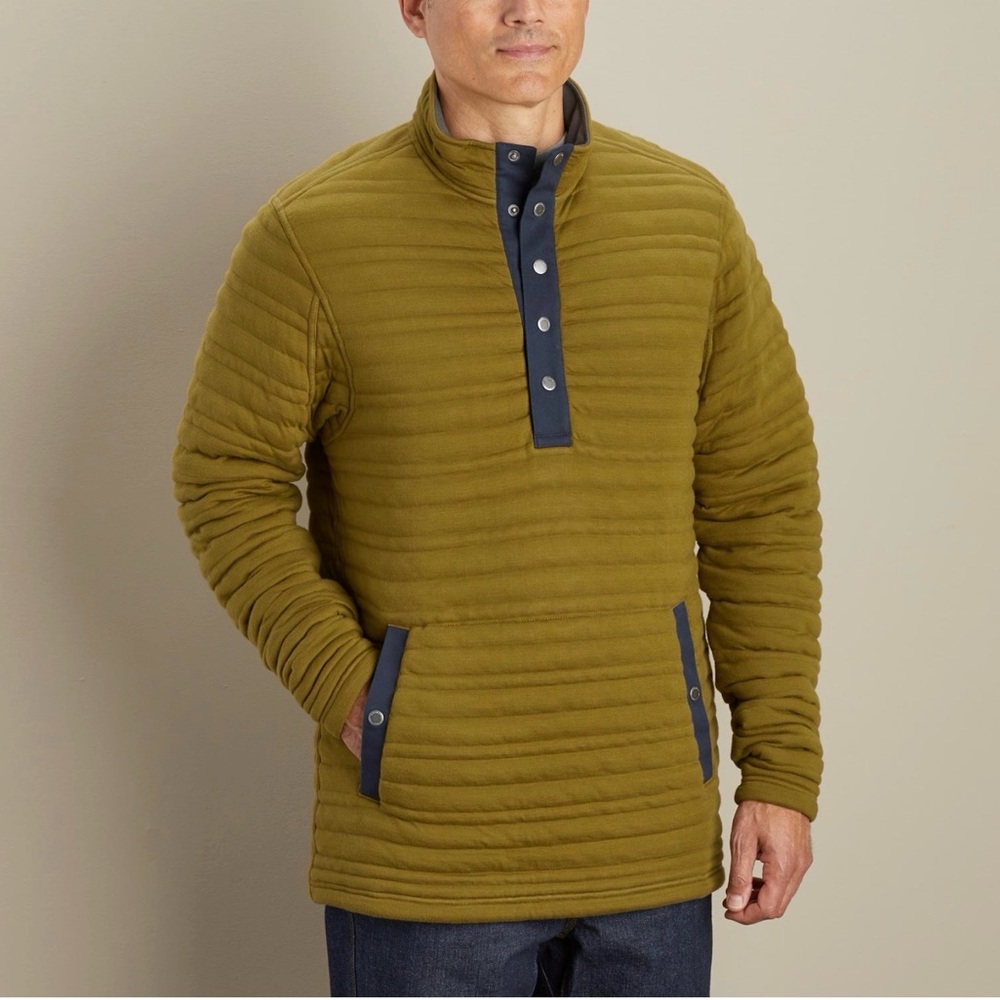 Duluth Trading Co Flintlock Green Quilted Quarter Snap Pullover with Navy Trim